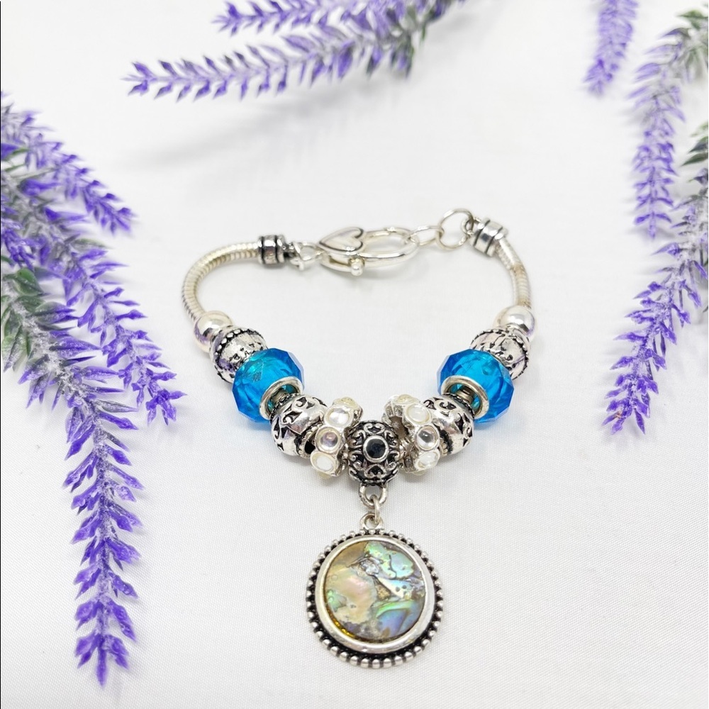 Unique Abalone Silver Tone Charm Bracelet